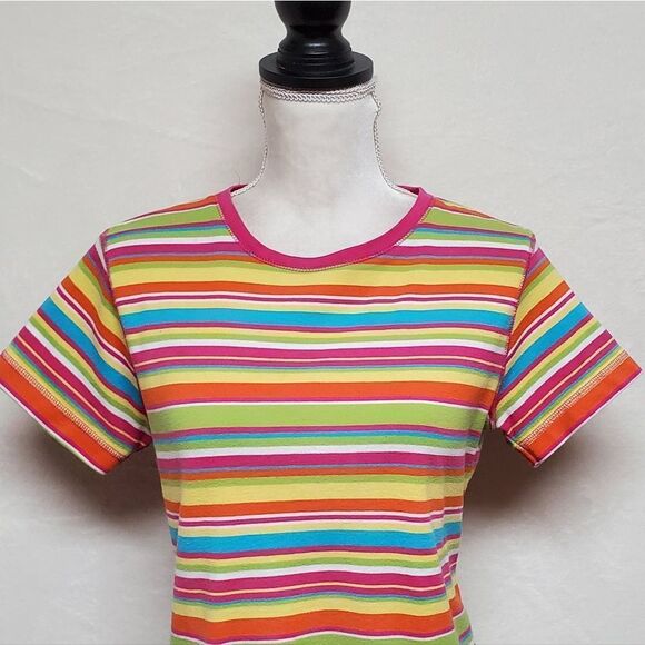 VINTAGE 90s Y2K Sag Harbor Rainbow Striped Short Sleeve Cropped Tee T-shirt S - Picture 5 of 12